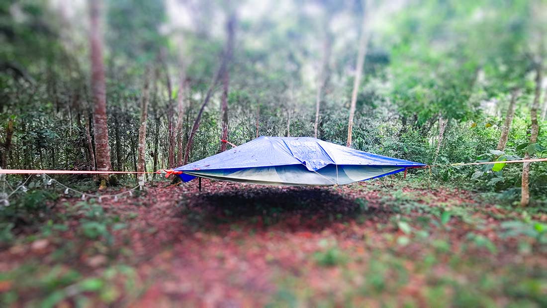Blue tree tent suspended between three trees in Colombian Rainforest